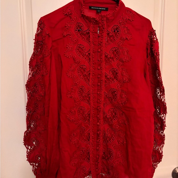 Boston Proper Womens Drama Sleeve Shirt Sz L Mock Neck Button Front Texture Lace - Picture 6 of 16
